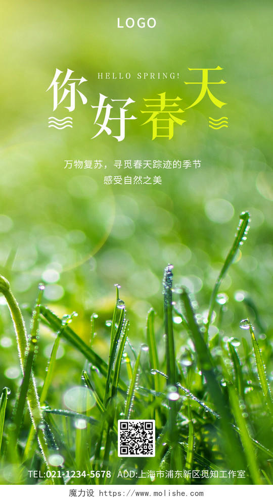 绿色你好春天清新春天春季树叶草地摄影图手机海报